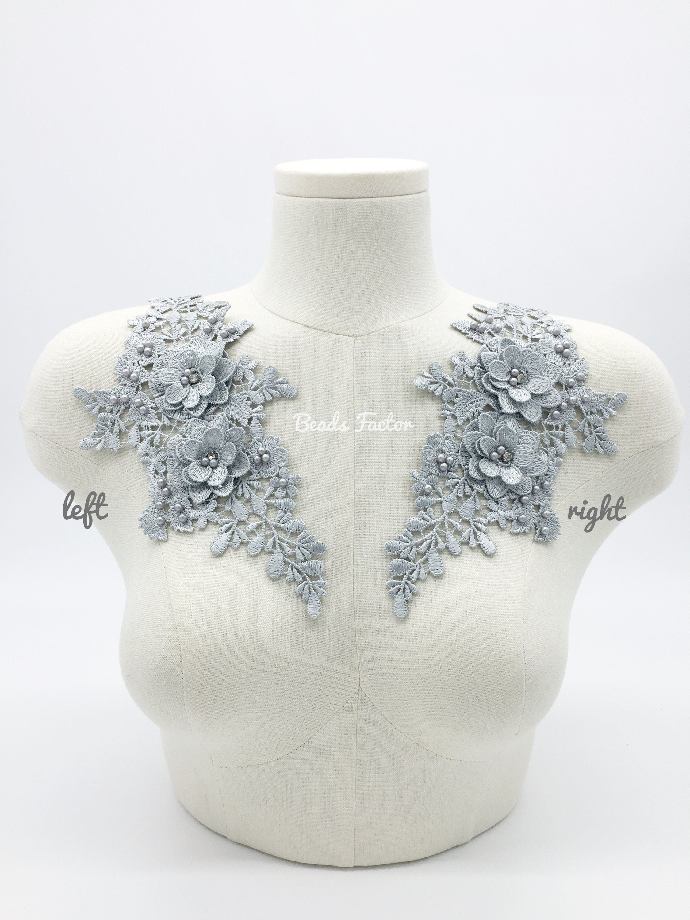 Silver Grey 3D Flower Lace Applique, 26.5x13cm Grey Embroidery Lace Patch