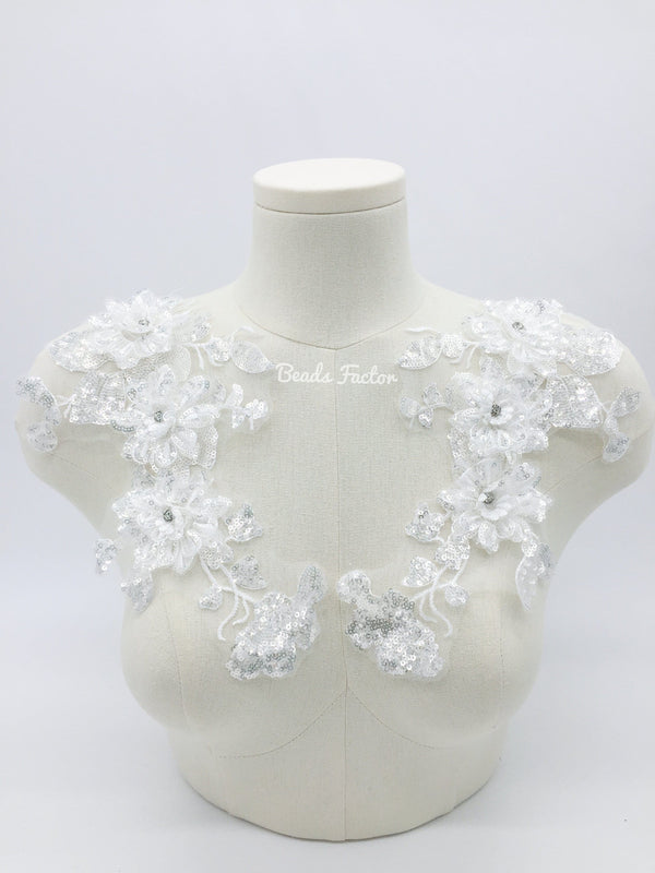 1 pair x White Beaded Lace Applique, 31x16cm Flower Lace Patch
