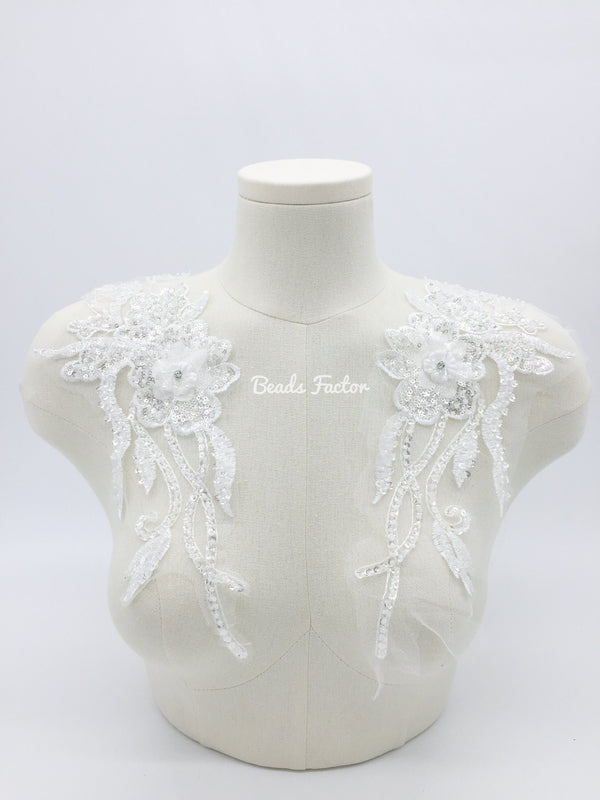 1 pair x White Beaded Lace Applique, 32x12mm 3D Flower Lace Patch