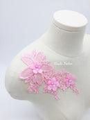 1 pair x Pink Embroidery Lace Patches Mirrored Pair 3D Flower Lace Applique