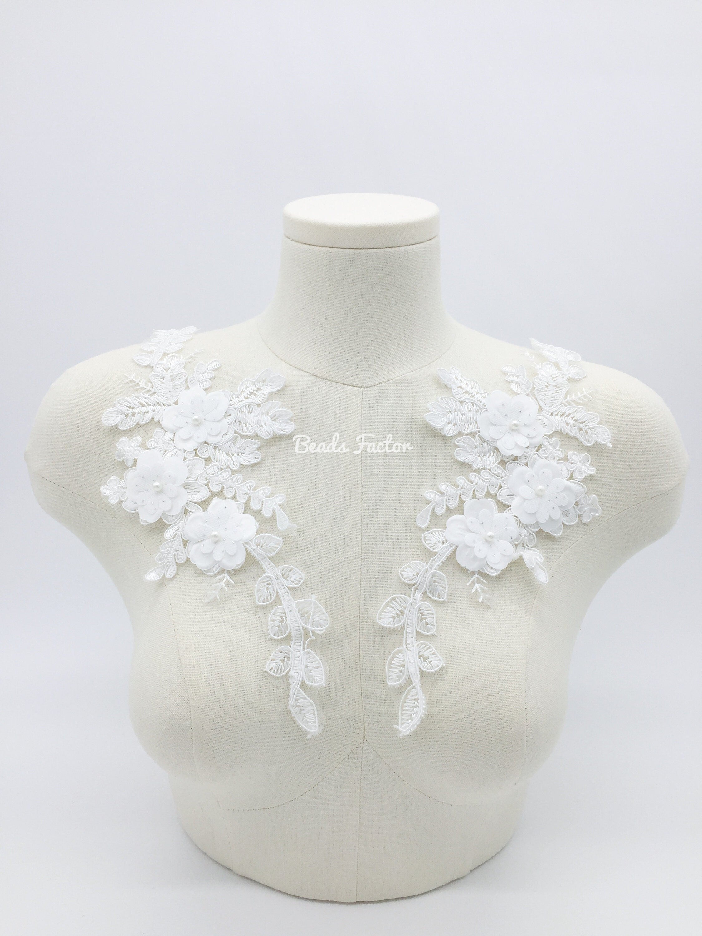 1 pair x 3D Flower Embroidery Lace Applique, 30x12.5cm Floral Corded Lace Patch