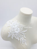1 pair x Off-white Flower Lace Applique, 29x14cm Beaded Embroidery Lace