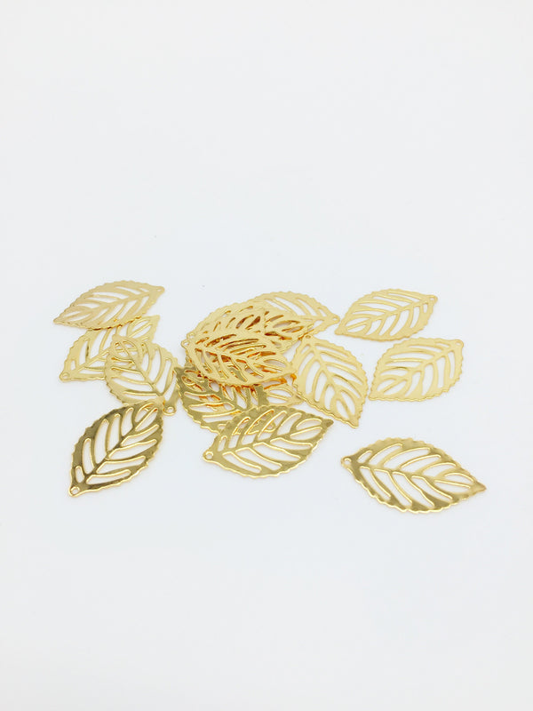 6 x Gold Filigree Leaf Pendants, 24x14mm (3289)