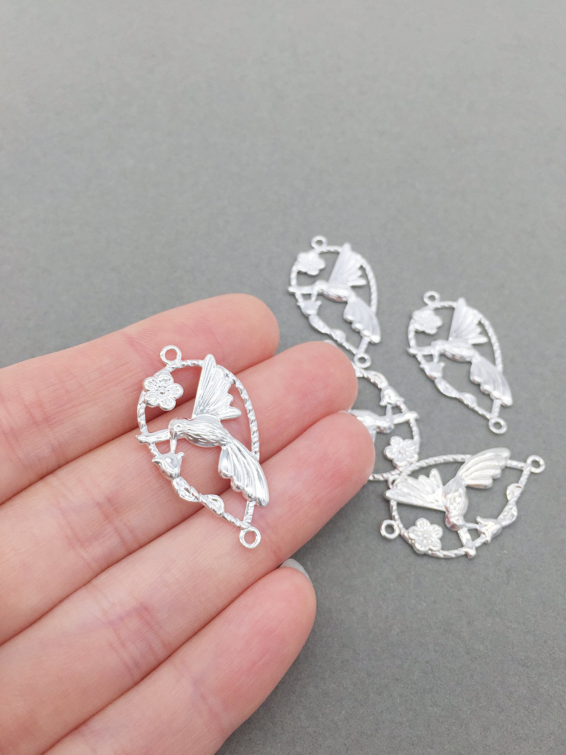 2 x Silver Plated Bird Earring Connectors, 34x19mm Earring Links (2861)