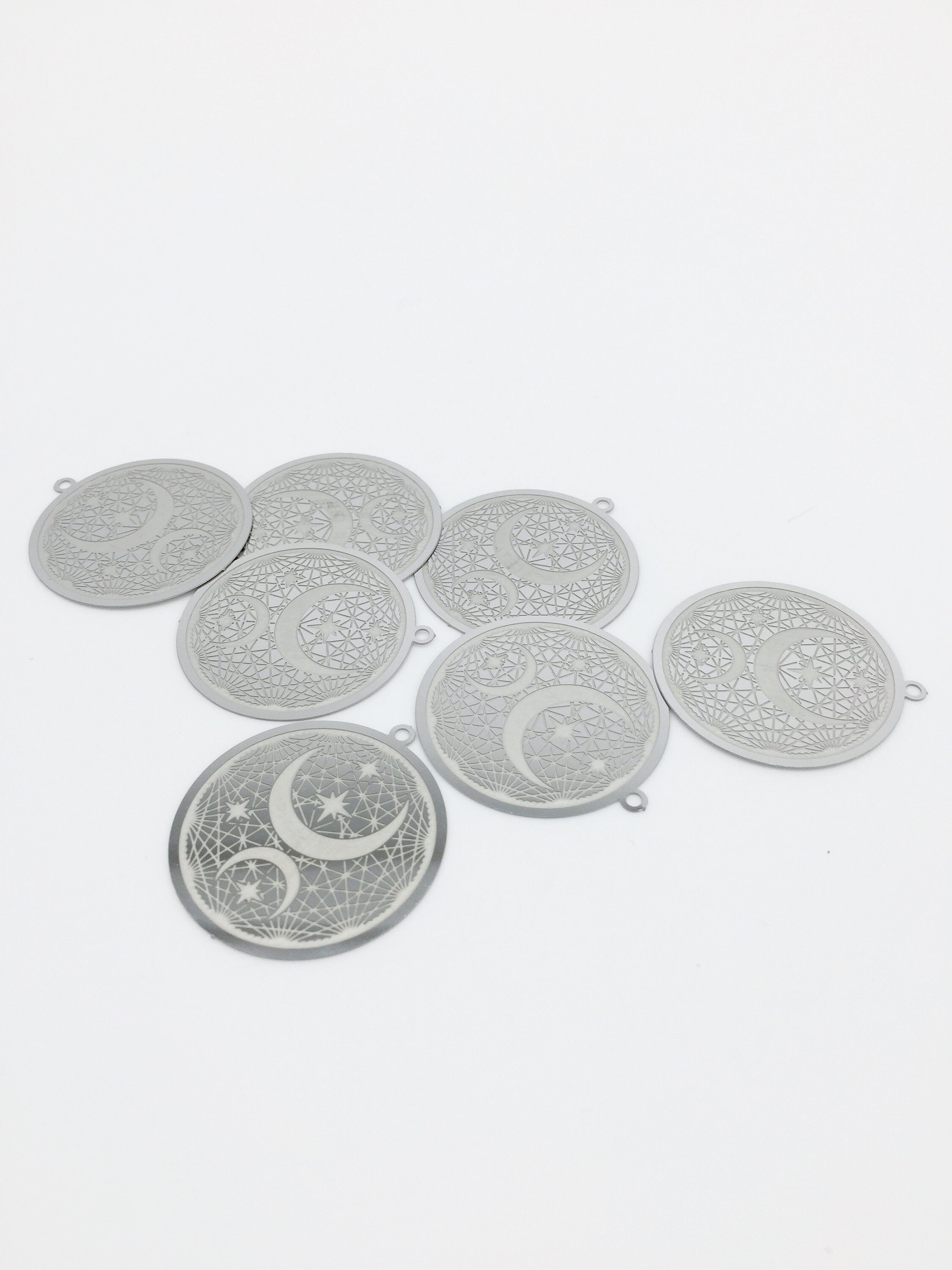 4 x Laser Cut Round Steel Moon and Stars Pendant, 32x30mm (2865)