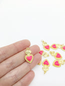 1 x 18K Gold Plated Hot Pink Enamel Sacred Heart Pendant, 22x12.5mm (2563)