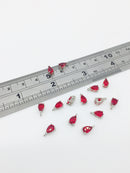 2 x Rhodium Plated Tiny Red Cubic Zirconia Teardrop Charms, 8x4mm (0244)