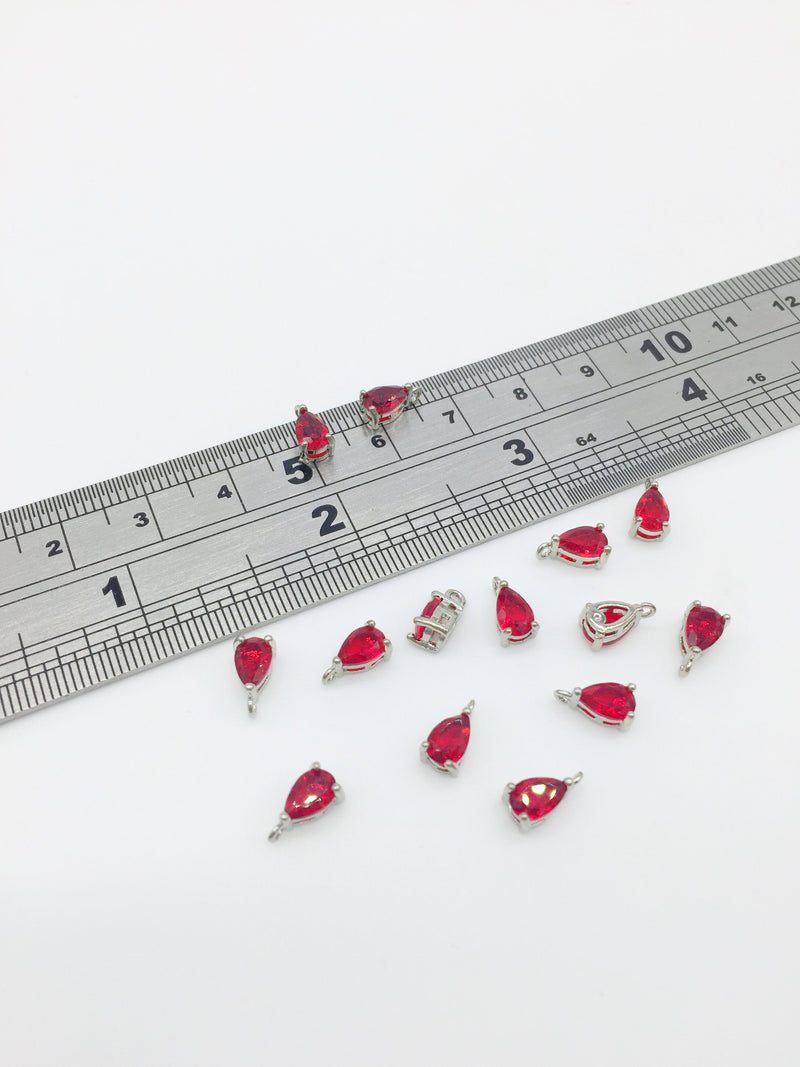 2 x Rhodium Plated Tiny Red Cubic Zirconia Teardrop Charms, 8x4mm (0244)