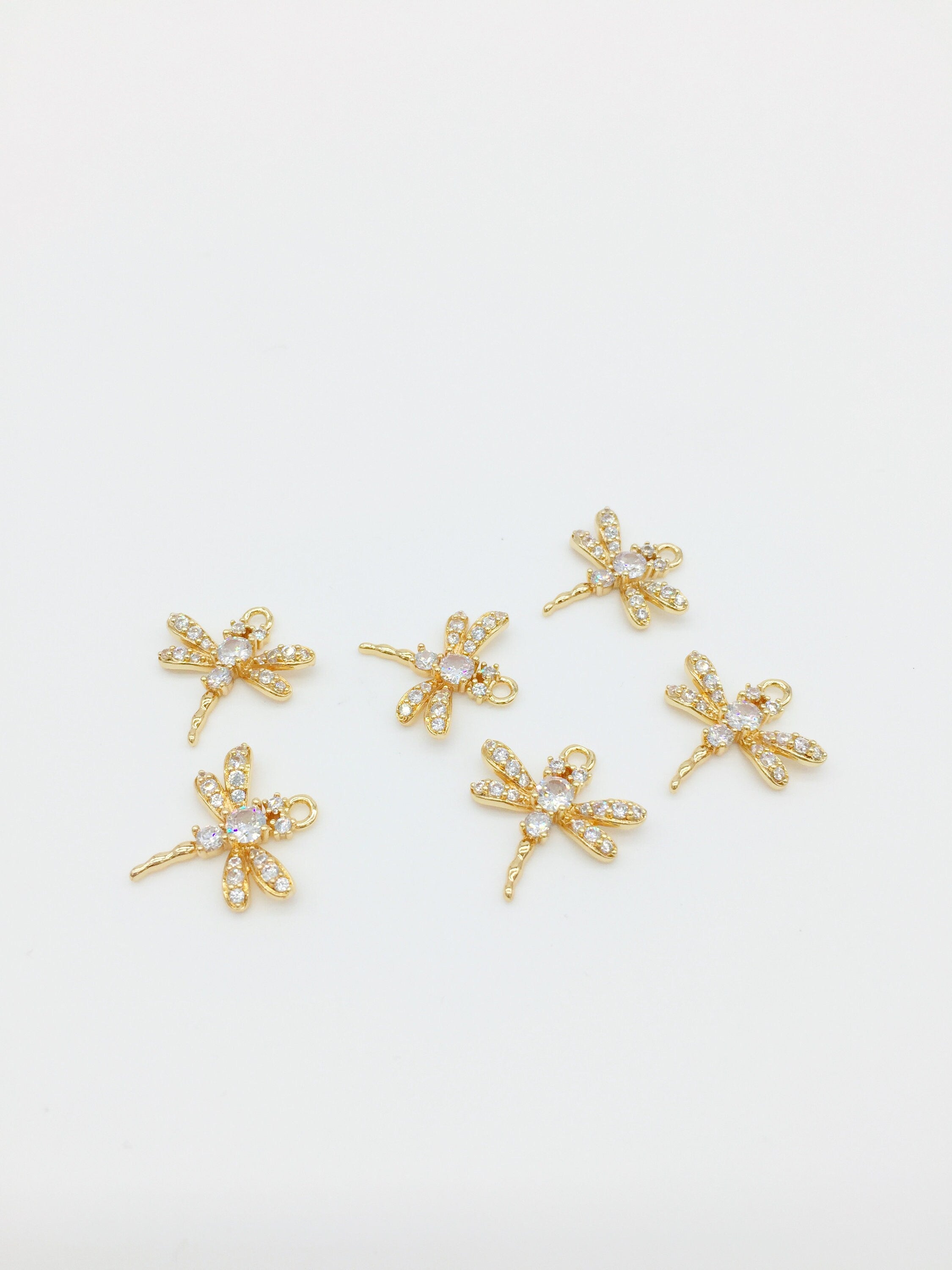 1 x 24K Gold Plated Dragonfly Charm with Cubic Zirconia, 18x17mm (1594)