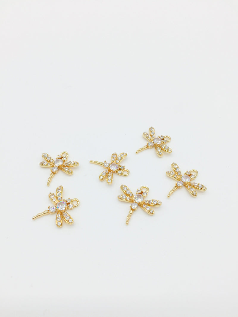 1 x 24K Gold Plated Dragonfly Charm with Cubic Zirconia, 18x17mm (1594)