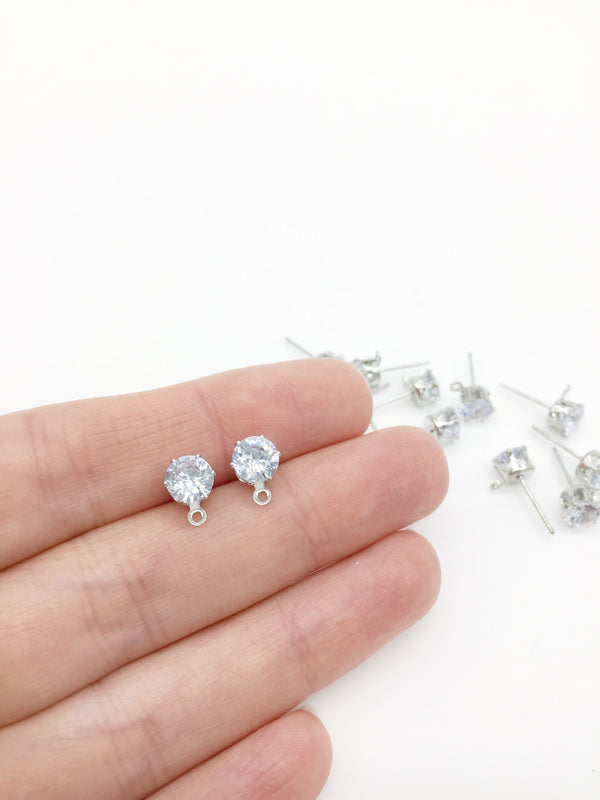 2 pairs x Rhodium Plated Cubic Zirconia Earring Studs with Loops (1598)