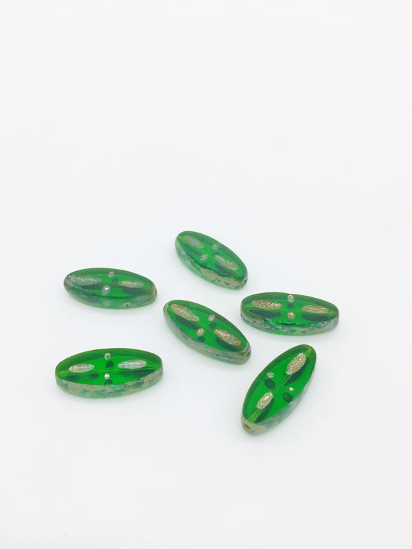 10 x Green Picasso Czech Glass Flat Oval Beads with Inlay Pattern, 20x9mm (3369)