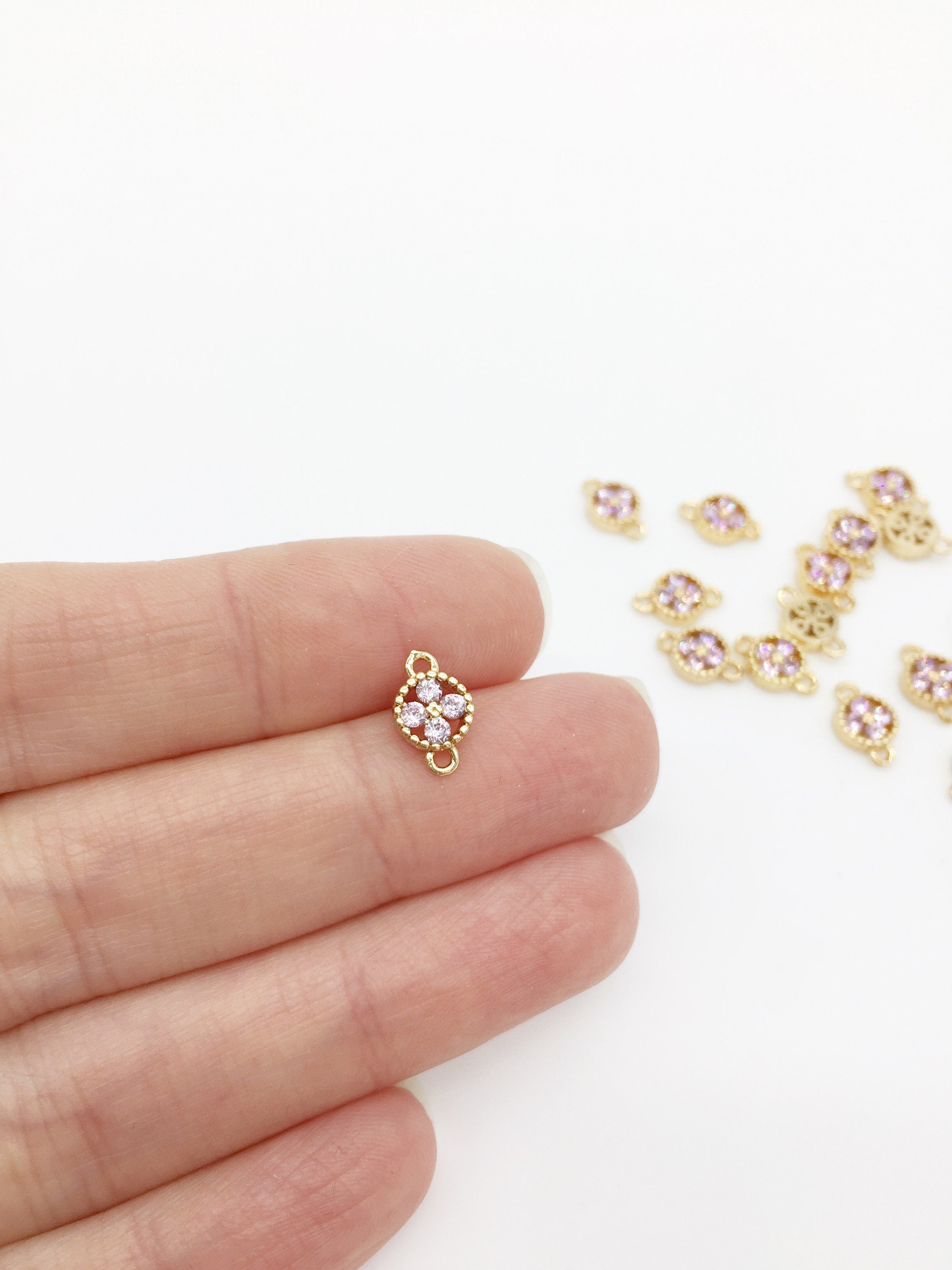 2 x 24K Gold Plated Pink Cubic Zirconia Jewellery Links with 2 Loops, 10x6.5mm (1575)