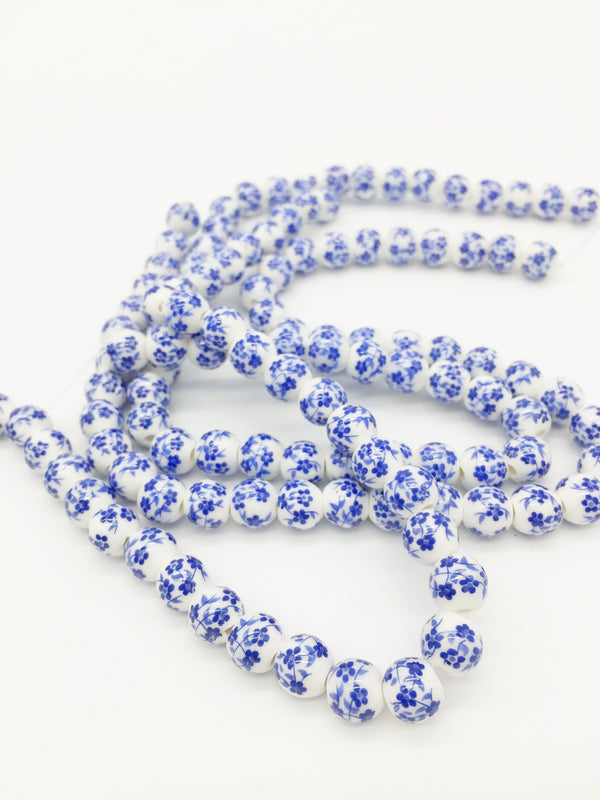 12 x Ceramic Round Beads, Blue Floral Pattern porcelain Beads, 8mm (3241)