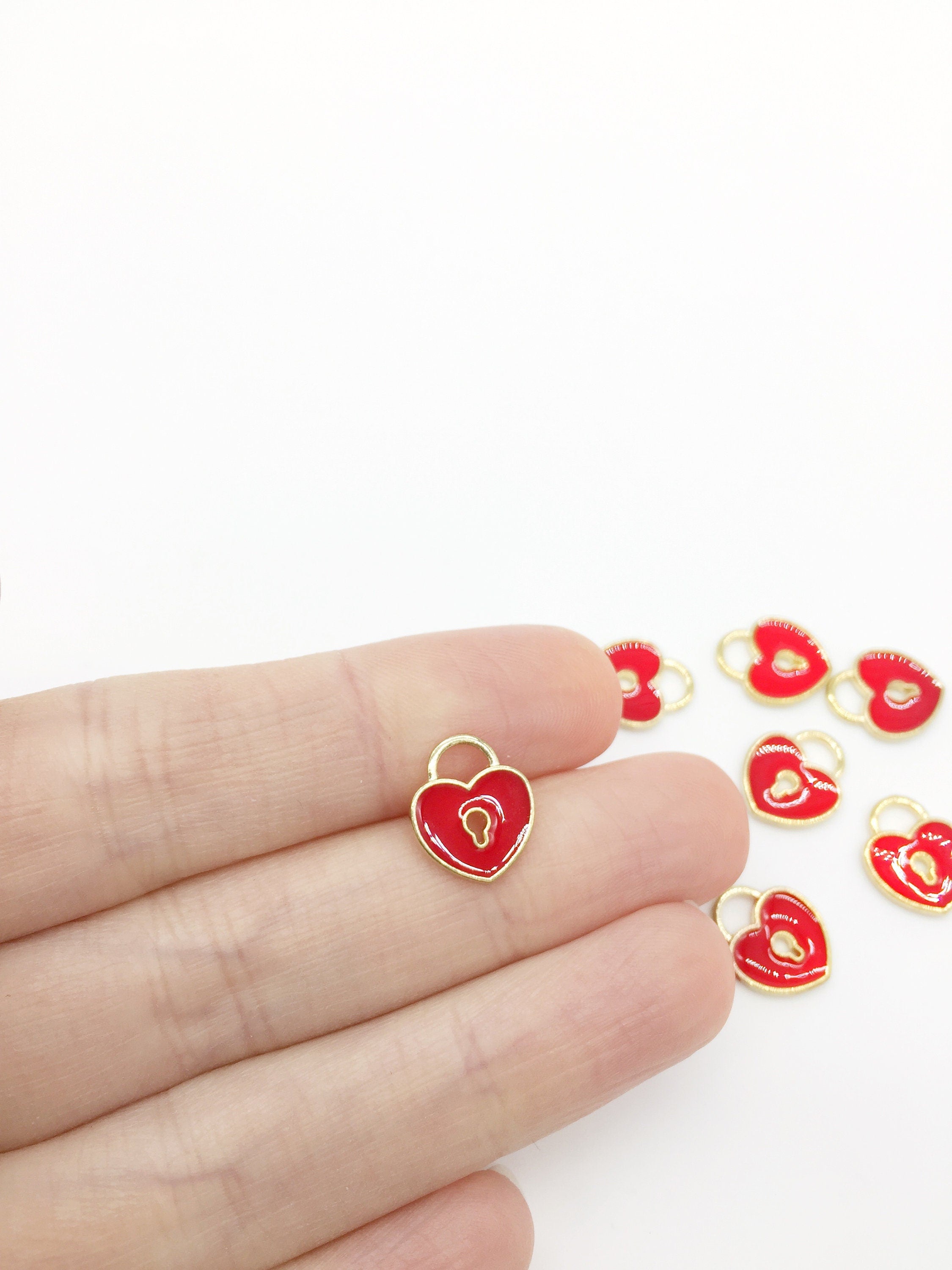 10 x Gold Tone Red Enamel Heart Lock Charms, 13.5x11mm (1264)