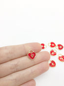 10 x Gold Tone Red Enamel Heart Lock Charms, 13.5x11mm (1264)