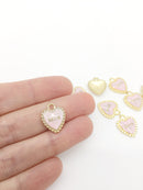 10 x Gold Tone Pink Enamel Heart Charms, 16x14mm (1226)