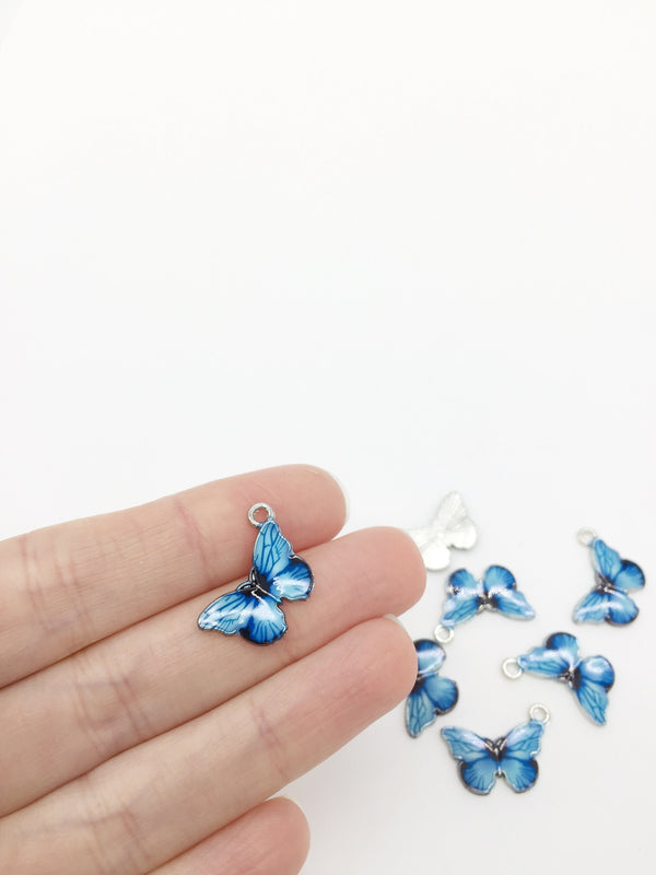 6 x Blue Enamel Butterfly Charms, 21x14mm Silver Base Butterfly Pendants (1239)