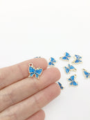 8 x Blue Enamel Butterfly Charms, 16x11mm, Light Gold Base (1241)