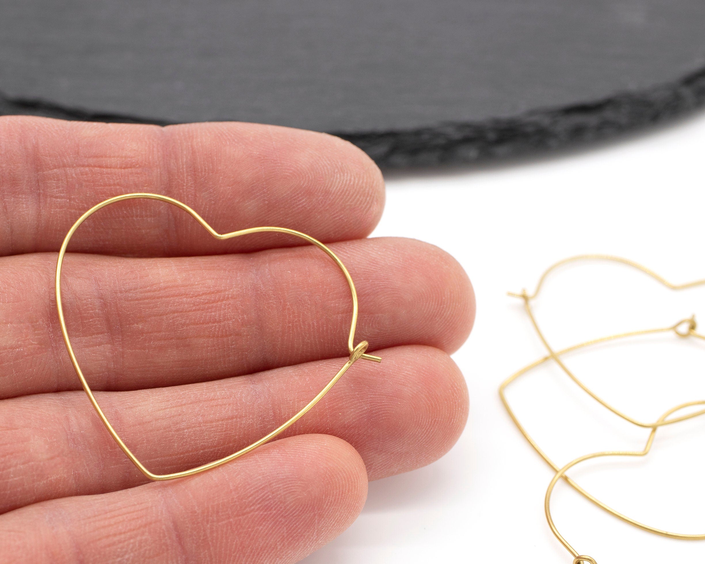 2 pairs x Raw Brass Heart Ear Wire, 37mm Beadable Wire Earring Hoops (C0645)