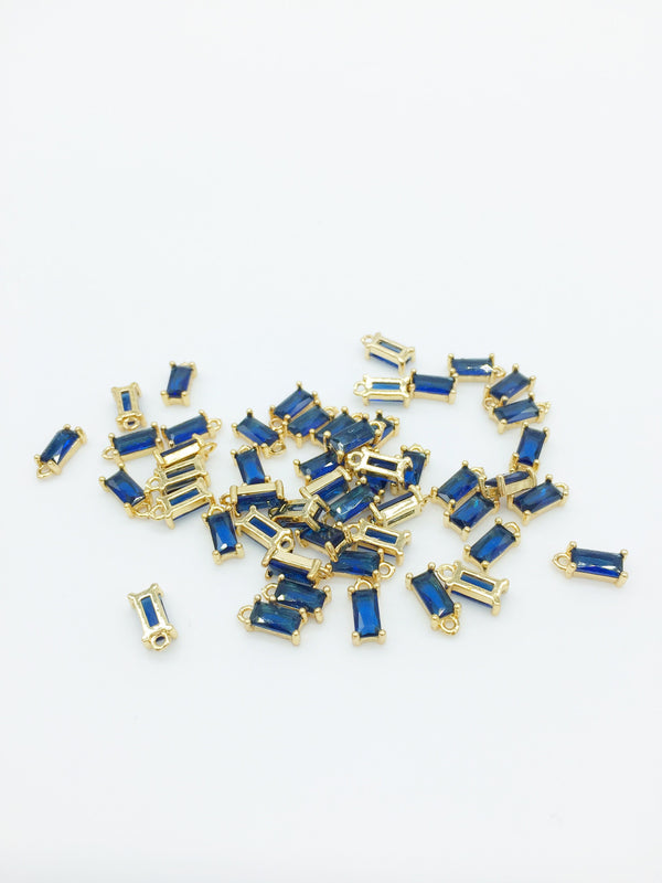 2 x Tiny Blue Baguette Cut Crystal Pendants, 4x8mm Gold Rectangular Charms (1004)