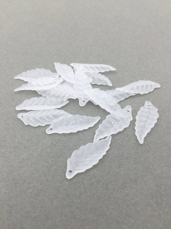 40 x Frosted White Acrylic Leaf Charms, 10x27mm Lucite Leaves