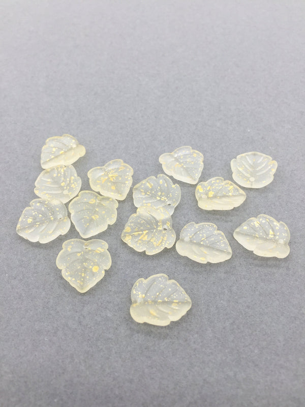 10 x Gold Sprayed Frosted Glass Leaf Beads, 14x15mm Leaf Charms (3508)