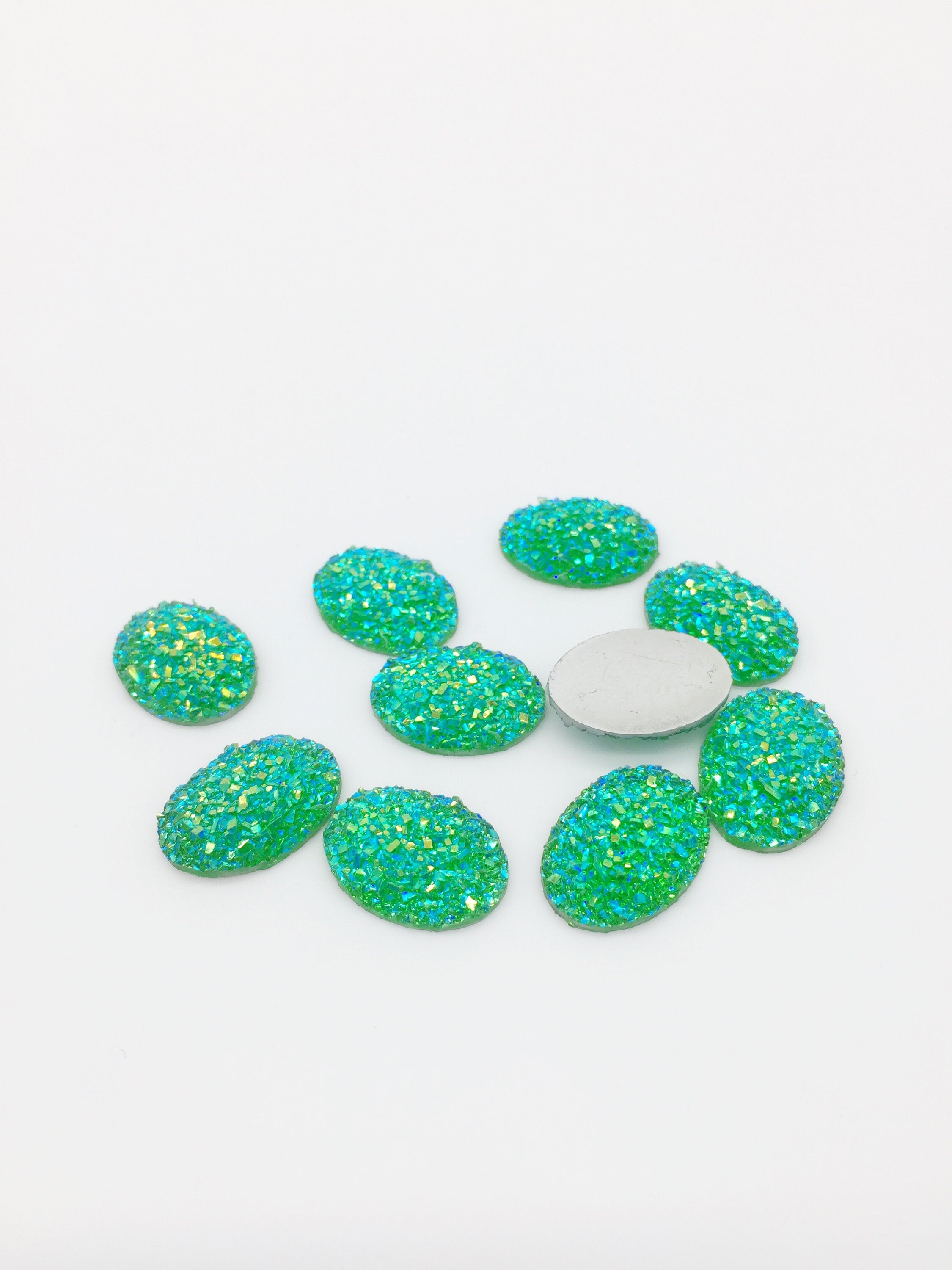20 x Oval Green Resin Druzy Cabochon, 18x13mm Iridescent Green Flatbacks (2261)