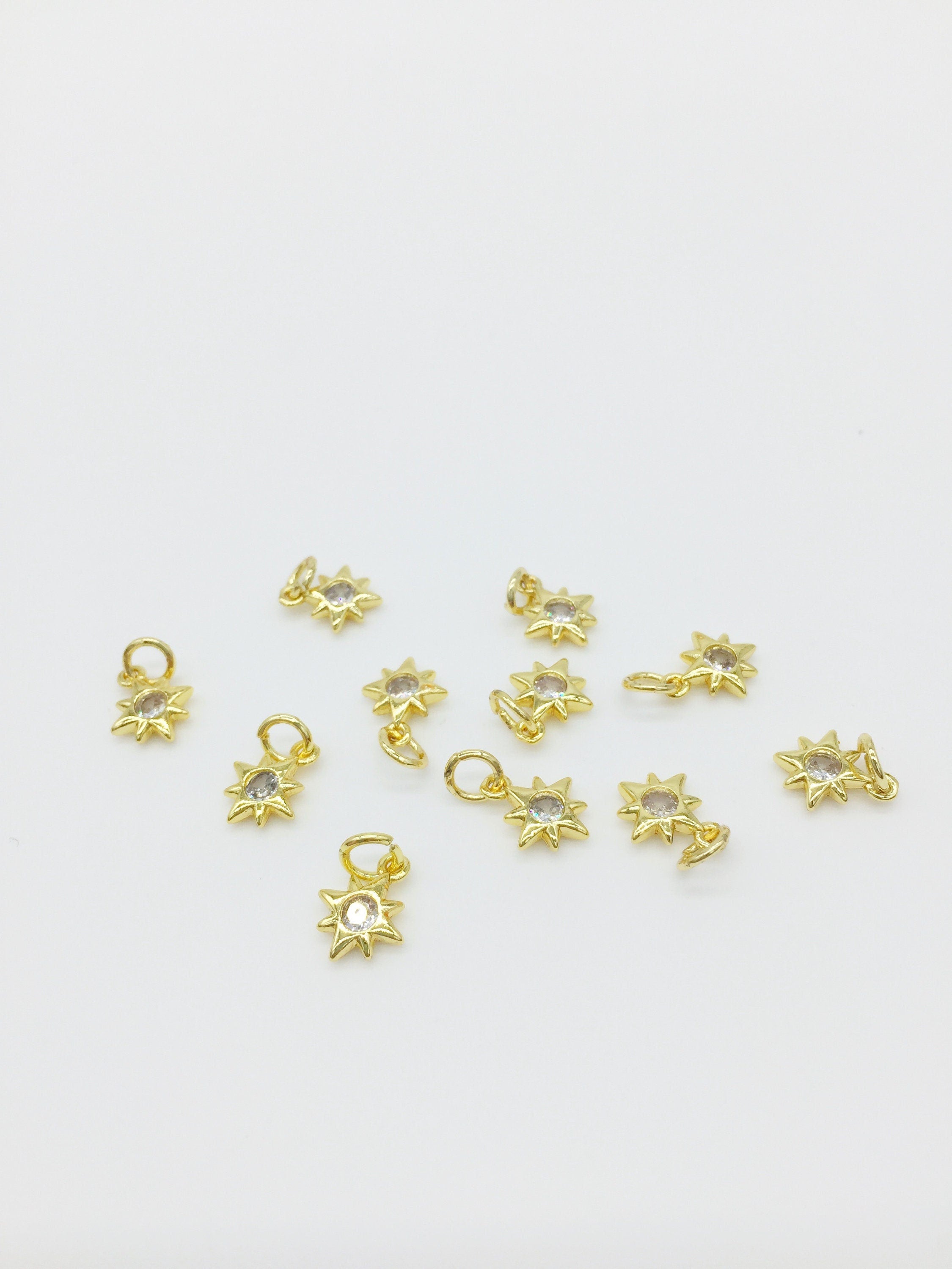 2 x 18K Gold Plated Tiny Star Charms with Cubic Zirconia, 10x8mm (0394)