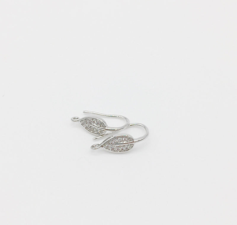 1 pair x Rhodium Plated Cubic Zirconia Leaf Earring Hooks (3354)