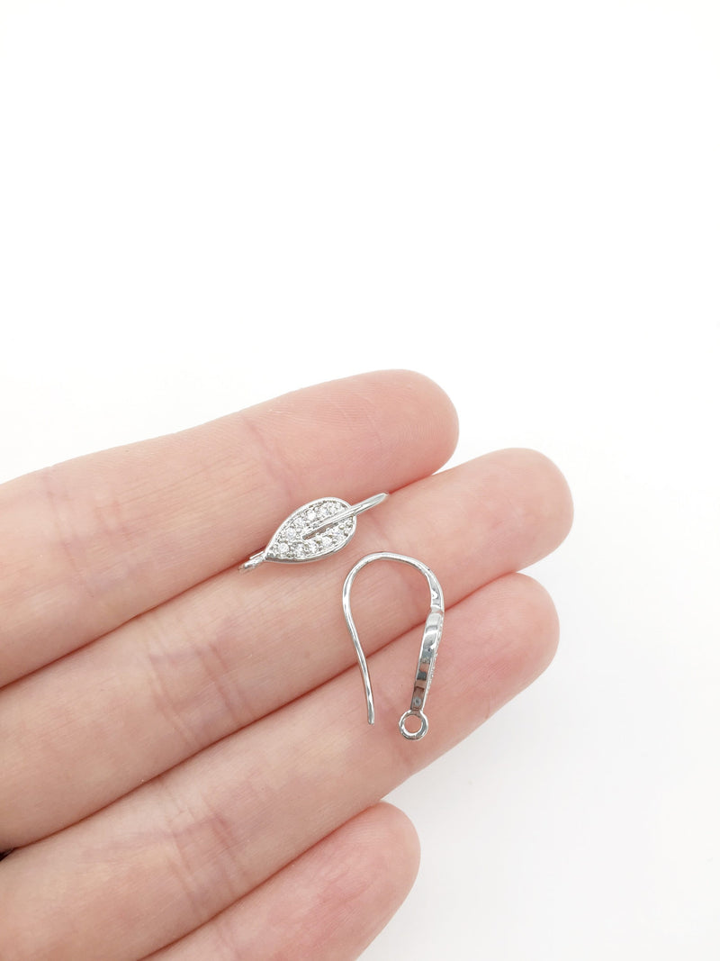 1 pair x Rhodium Plated Cubic Zirconia Leaf Earring Hooks (3354)