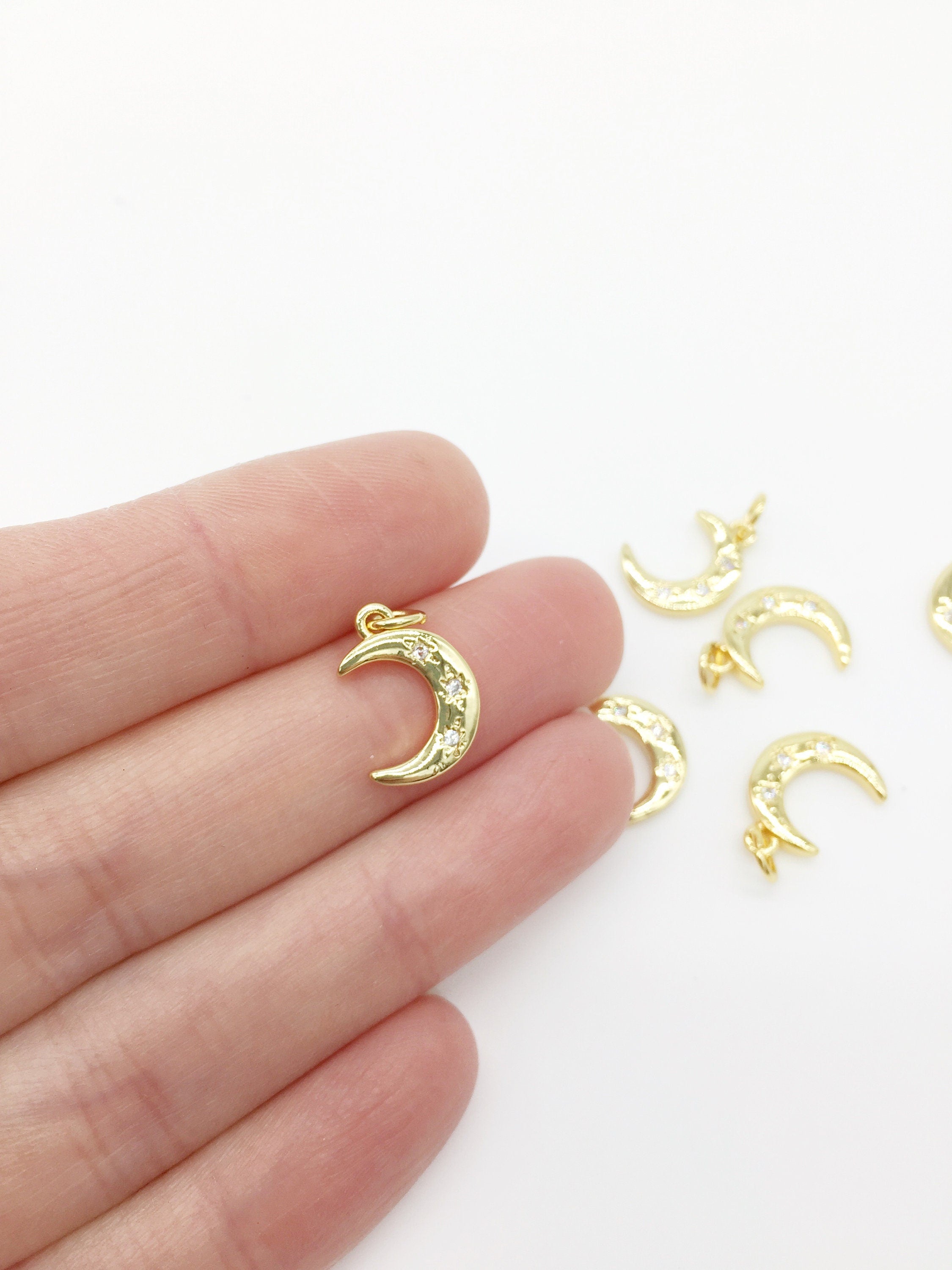 1 x 18K Gold Plated Cubic Zirconia Moon Charms, 14x10mm (2875)