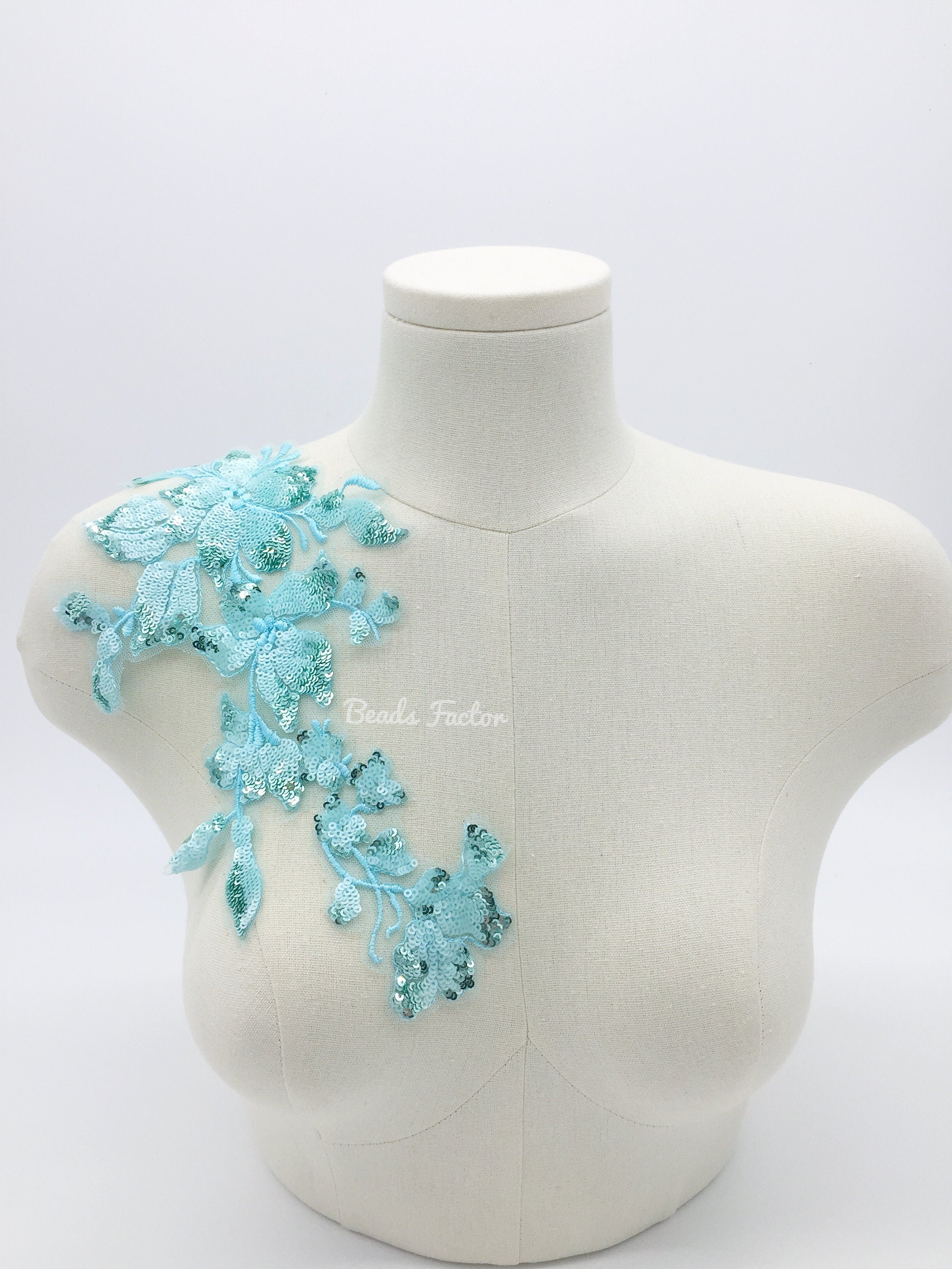 Light Turquoise Lace Patch, 29x15mm Lace Applique with Sequins