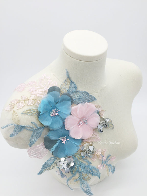 Large 3D Flowers Pink and Dusty Blue Lace Patch with Sequins, 42x20mm