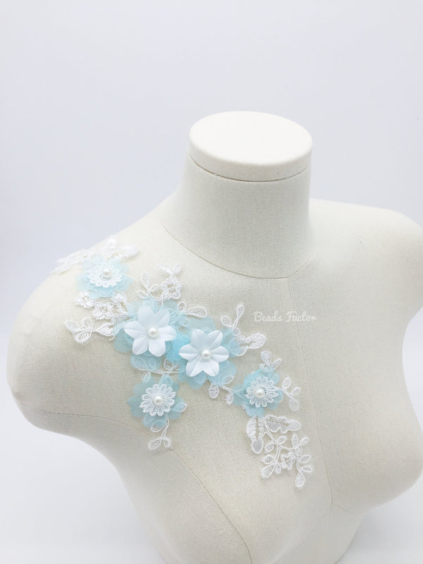 Beaded 3D Flowers White and Light Blue Lace Applique, 28x11cm
