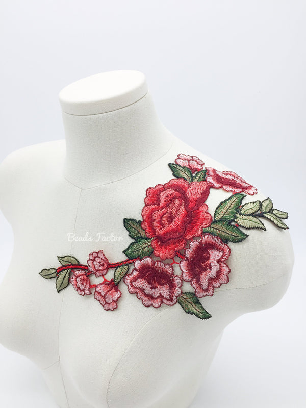Red Embroidered Flowers Applique Red Rose Embroidery Patch Floral Applique for Clothing Decoration