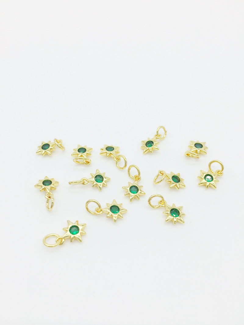 2 x 18K Gold Plated Tiny Emerald Green CZ Star Charms, 10x8mm (2153)