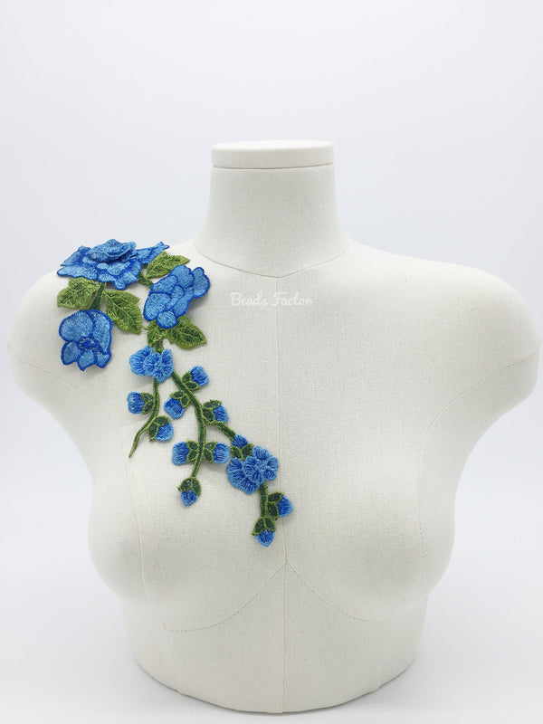 Blue Embroidered Flowers Applique, 29x12.5cm