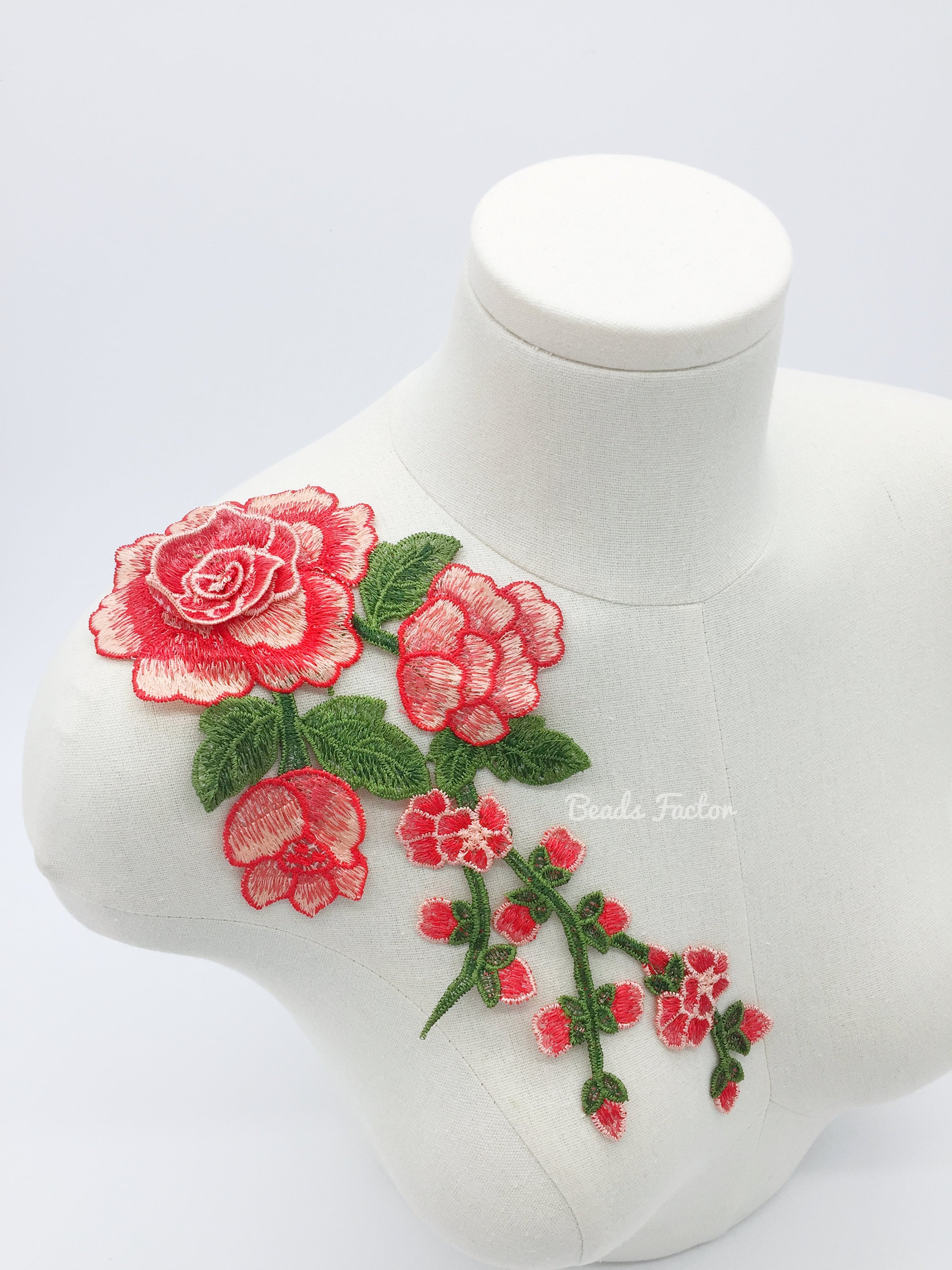 Coral Red Embroidered Flowers Applique, 29x12.5cm