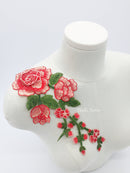 Coral Red Embroidered Flowers Applique, 29x12.5cm