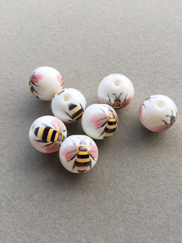 2 x Porcelain Round Bee Beads, 12mm (3655)