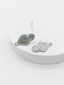 1 pair x Rhodium Plated Sacred Heart Earring Studs with Loops, Flaming Heart Earrings (2735)