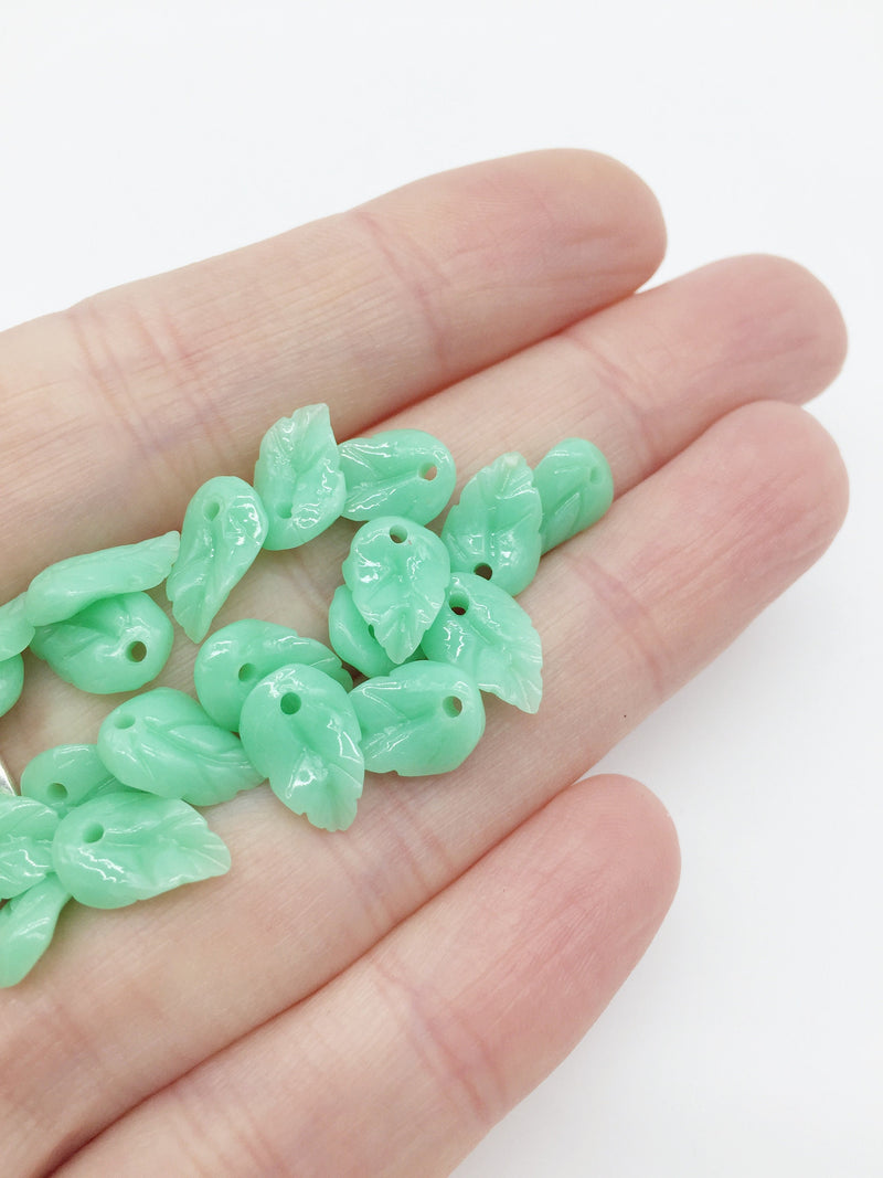 10 x Jade Green Carved Coral Leaf Charms, 11.5x7mm (0259)