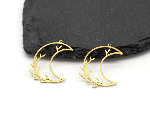 2 x Raw Brass Crescent Moon Charms, 31x22mm (C0667)