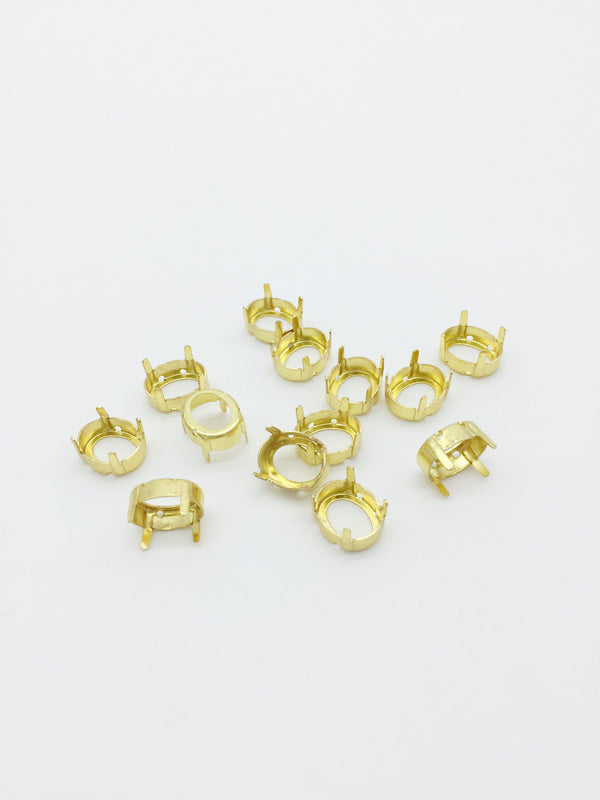 12 x 10x12mm Brass Setting for Oval Cut Crystals, Gold Sew-on Bezel Setting for Rhinestones (3725)