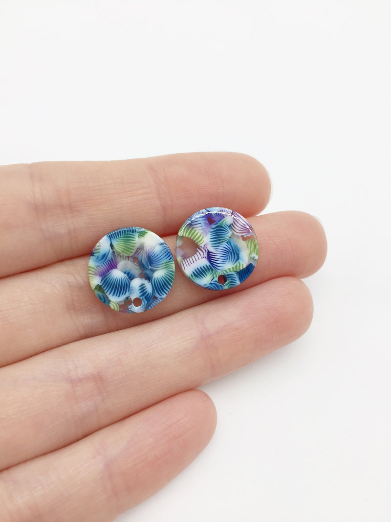 1 pair x Round Resin Earring Studs, Green Blue and Purple Pattern Geometric Earring Posts